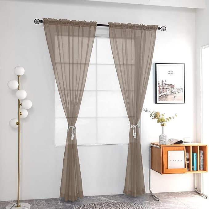 youleyar Solid Sheer Rod Pocket Curtain Voile Draperies 2 Panels White Beige Black Grey Ivory 52 Inch Width 63 Inch Long 1 Pair for Kitchen Bedroom Children Living Room Yard (Taupe,52Wｘ63L)