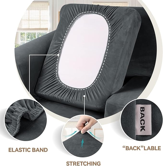 WEERRW Velvet Couch Covers for 2 Cushion Couch Sofa - High Stretch Luxury Velvet Plush 3 Pieces Sofa Slipcovers with Elastic Bottom, Furniture Protector for Pets, Machine Washable, Dark Grey, Medium