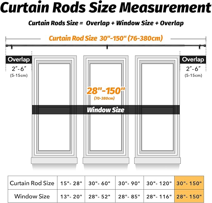 GEEBOBO 2 Pack Black Curtain Rods for Windows 72 to 144 Inch, 1 Inch Adjustable Heavy Duty Easy Install Curtain Rods Set for Outdoor, Patio, Farmhouse, Bedroom, Living Room (Black,30"-150",2 Pack)