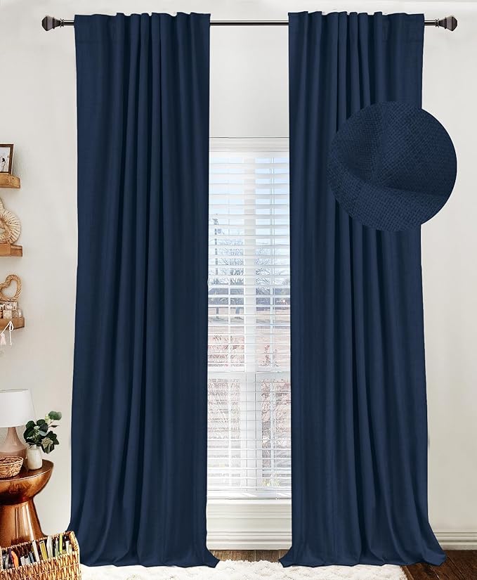 100% Blackout Shield Linen Blackout Curtains for Bedroom 102 Inches Long, Back Tab/Rod Pocket Living Room Drapes, Thermal Insulated Blackout Curtains 2 Panels Set, 50" W x 102" L, Midnight Blue