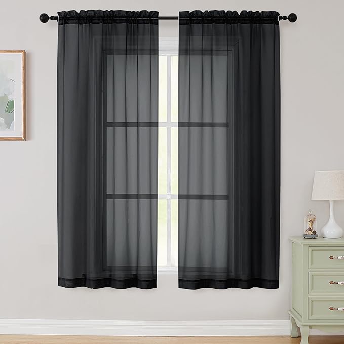 Sheer Black Curtains for Bedroom Living Room 63 Inch Length 2 Panels, Airy Soft Light Filtering Sheer Dining Room Curtains, Modern Rod Pocket Drapes, Black, Each 42" Wx63 L Inches