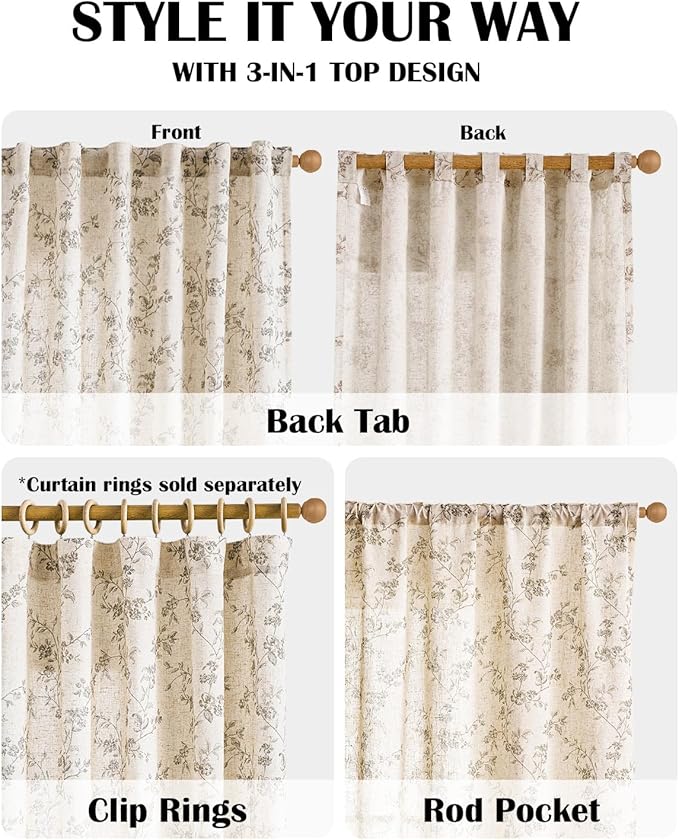 Lazzzy Floral Linen Curtains Farmhouse Extra Long Curtain for Living Room Bedroom Light Filtering Vintage Rod Pocket Back Tab Drapes for Home, 2 Panels, Gray on Beige, W38 X L108
