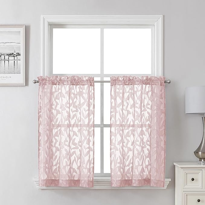Lecloud Leia Blush Pink Sheer Kitchen Curtains 30 Inch Length 2 Pcs, Leaf Textured Voile Modern Jacquard Tiers, Dual Rod Pocket Window Treatments for Bedroom Living Room, Each Panel 28" W x 30" L