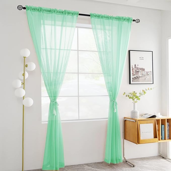 youleyar Solid Sheer Rod Pocket Curtain Voile Draperies 2 Panels White Beige Black Grey Coffee 52 Inch Width 90 Inch Long 1 Pair for Kitchen Bedroom Children Living Room Yard (Light Green,52Wｘ90L)