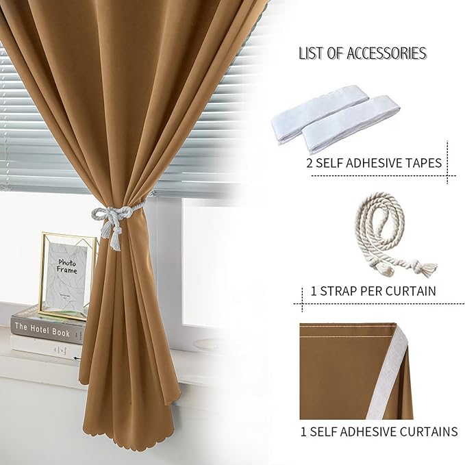 Self Adhesive Curtains, Stick Curtain Blackout Shades Window Cover Curtains for Living Room No Drilling, 59" W X 96" L, Brown, 1 Panel