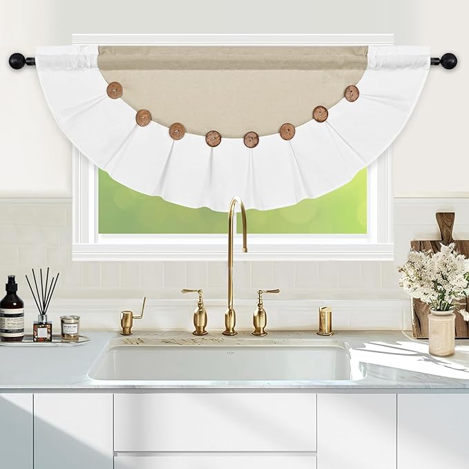 FRAMICS Farmhouse Valance Curtains, Boho Cotton Linen Kitchen Valance, Rustic Button Window Valances, Country Rod Pocket Valances for Windows Bedroom, Semi-Circular, Linen and White, 52 x 18 Inch