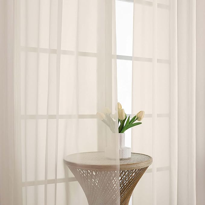 Chyhomenyc Cream Sheer Curtains 90 Inches Long 2 Panels, Light Filtering Cream Curtains for Living Room, Soft Gentle Voile Rod Pocket Bedroom Window Drapes, 59Wx90L Inch, 2PCS