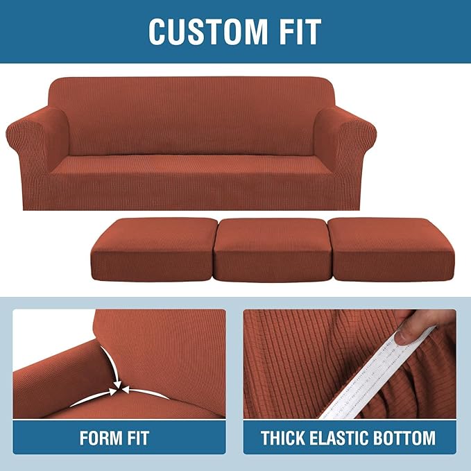 H.VERSAILTEX 4 Piece Stretch Sofa Covers for 3 Cushion Couch Covers for Living Room Furniture Slipcovers (Base Cover Plus 3 Seat Cushion Covers) Thicker Jacquard Fabric (Large Sofa, Rust)