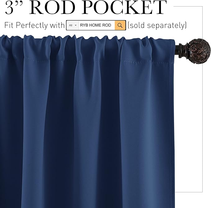 RYB HOME Basement Bathroom Kitchen Cafe Blackout Privacy Curtains, Short Insulating Light UV Heat Blocking Privacy Curtain Tiers for Laundry Room, Width 34 by Length 30, Navy Blue, 2 Panels
