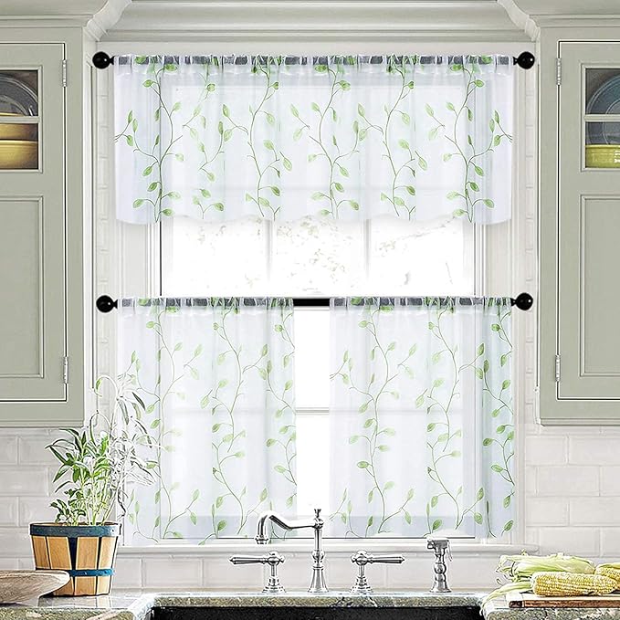 MRTREES Sheer Curtain Valance Rod Pocket, 2 Panels Leaves Embroidered Christmas Valance for Windows, Living Room Small Window Curtain Toppers for Kitchen/Basement/Bathroom(Green Leaves, 54"x16")