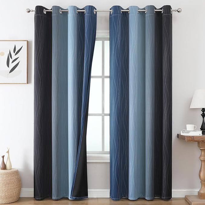 Estelar Textiler Blackout Curtains 102 Inches Long 2 Panels for Living Room, Navy Blue and Black Thermal Insulated Full Light Blocking Ombre Grommet Drapes for Bedroom, 52Wx102L