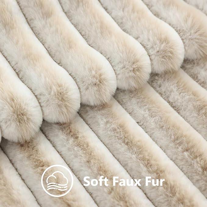 decorUhome Summer Cozy Faux Fur Throw Pillow Covers 22x22 Set of 2 Decorative Plush Striped Modern Farmhouse Boho Couch Euro Sham Pillow Cases with Velvet Back for Sofa Bed Living Roomr, Beige White
