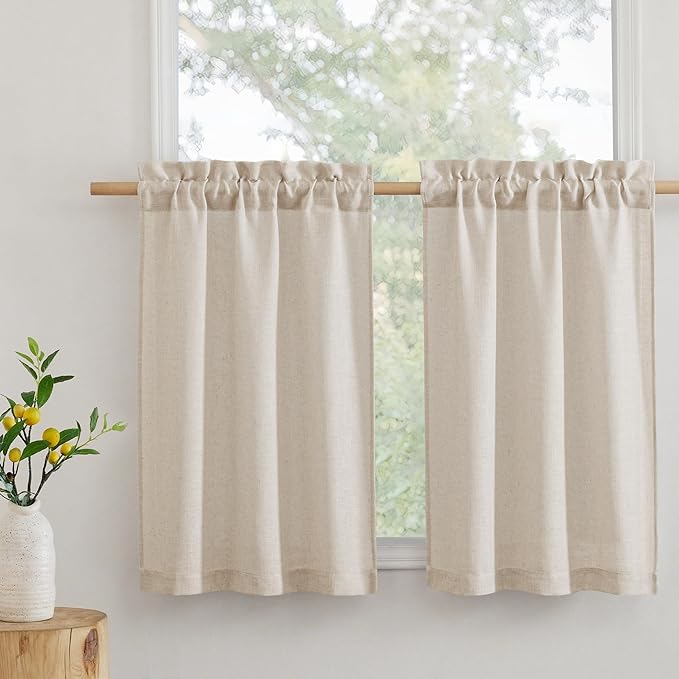 RYB HOME Bathroom Curtains Over Sink 36 inches Length, Linen Blend Semi Sheer Light Filtering Tiers for Camper Kithen Cafe, Small Curtains for Door Window, W 26 x L36, Beige, 2 Panels Set