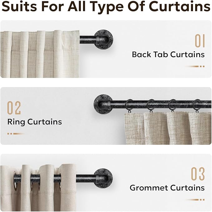Zeerobee Curtain Rods for Windows 48 to 84, 1 Inch Industrial Wrap Around Vintage Black Curtain Rod, Indoor/Outdoor Room Divider Adjustable Drapery Pole, 48"-86"
