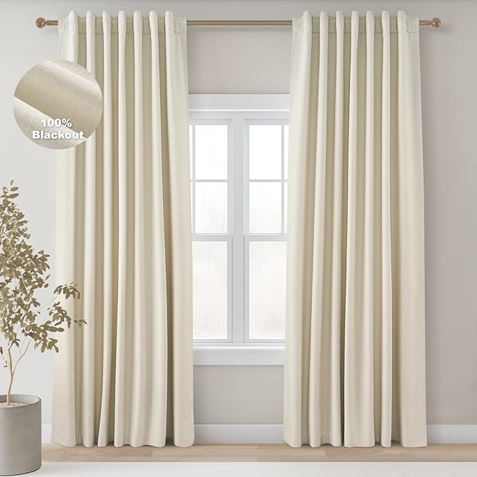 Topfinel 102 Inches Long Cream Colored Custom Total Blackout Linen Curtains, Rod Pocket Curtains with Pin Hooks for Traverse, Aesthetic Burlap Viral Drapes 2 Panels for Living Room Master Bedroom