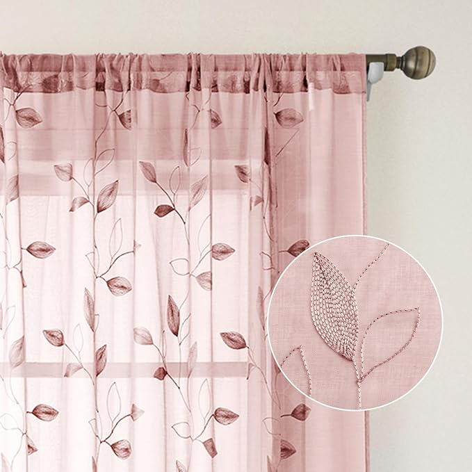 HOMEIDEAS Blush Pink Floral Sheer Curtains 96 Inches Long 2 Panels Embroidered Pattern Semi Sheer Window Drapes for Bedroom Living Room