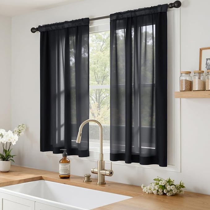 MIULEE Short Sheer Curtains 45 Inches Long, 4 Panels Set, Light Filtering Rod Pocket Curtains for Kitchen/Bathroom Small Windows, 42W x 45 Inches, Black