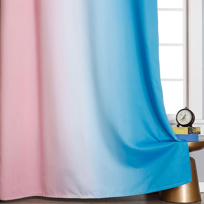 Ombre Pink and Blue Blackout Curtains 45 Inches Long, Full Light Blocking Curtains for Bedroom, Wavy Line Pattern Grommet Thermal Insulated Gradient Drapes for Living Room,52x45 Inch, 2 Panels
