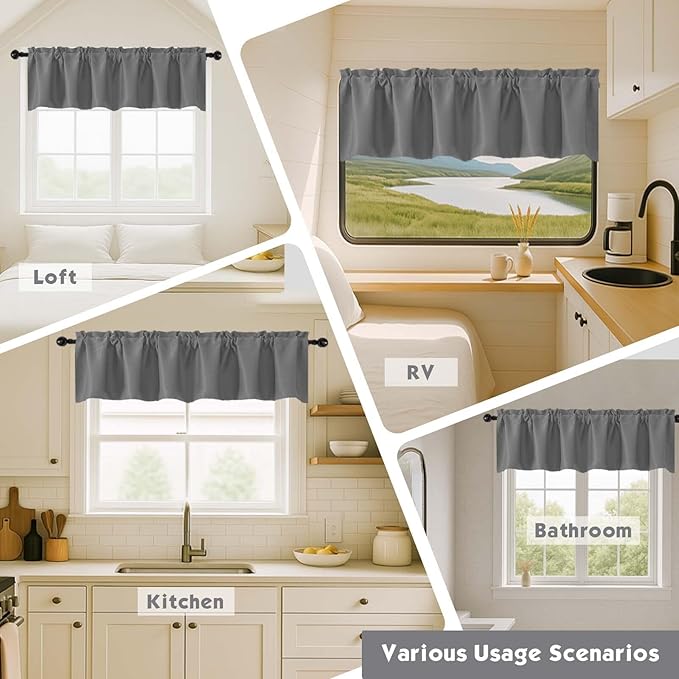 Chyhomenyc Light Grey Valances for Window, Room Darkening Short Curtains for Kitchen Bedroom Living Room, Rod Pocket Top Small Window Treatment Valance RV Bunk Panels, 40Wx14L, 2 Pieces