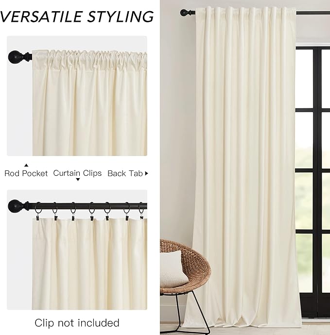 RYB HOME Cream Velvet Curtains 96 inch, Light Dimming White Window Curtains for Living Room Thermal Insulated Privacy Backdrop with Pleat Tape on Top for Bedroom, Ivory, W52 x L96 inch, 2 Panels