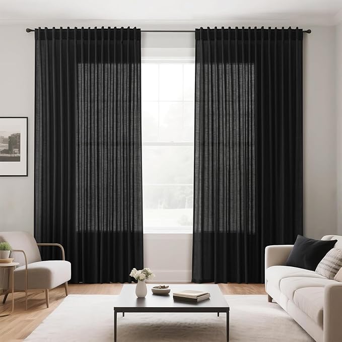 Nanspring Black Semi Sheer Linen Curtains 78 inch Length for Living Room Back Tab Rod Pocket Modern Farmhouse Coastal Decor Black Cotton Textured Gauze Curtains for Dining Room Office 52x78