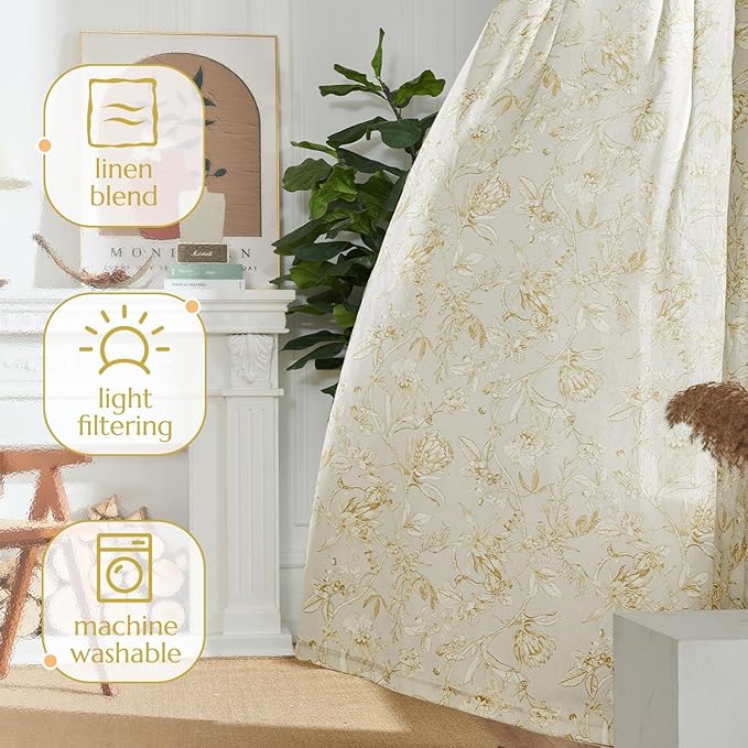 jinchan Floral Curtains 90 Inch Length Mustard Yellow Flower Linen Farmhouse Curtain for Living Room French Country Vintage Curtain Rod Pocket Curtains Set 2 Panels Floral Printed