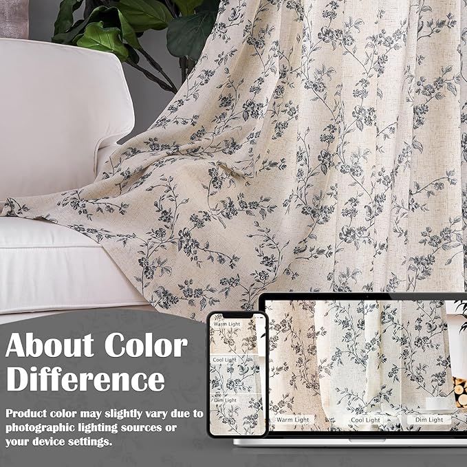 Lazzzy Farmhouse Linen Curtains Black Floral Curtains 63 Inch Length Back Tab Drapes for Living Room Bedroom Light Filtering Country Vintage Rod Pocket, 2 Panels, Black on Beige