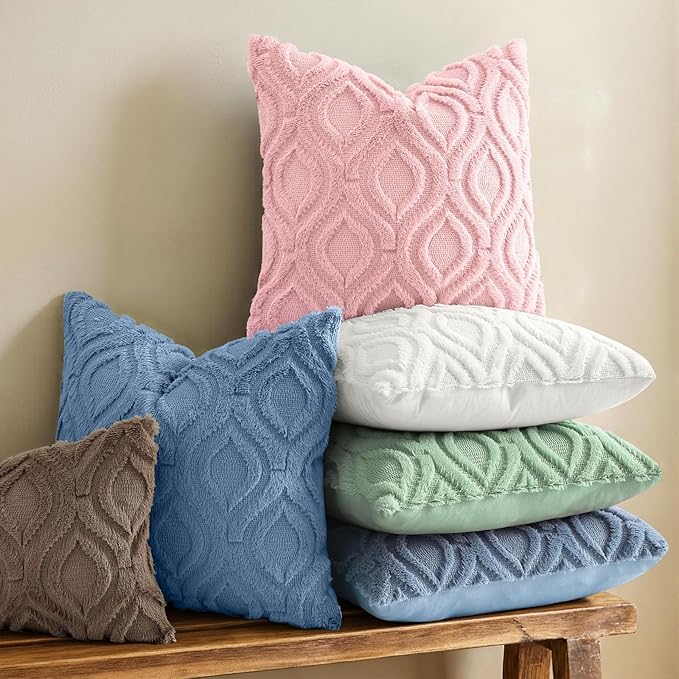 decorUhome Throw Pillow Covers 16x16 Inch Set of 2, Soft Plush Faux Wool Pink Solid Couch Pillow Covers, Accent Farmhouse Neutral Square Pillow Cases for Sofa Bed Living Room
