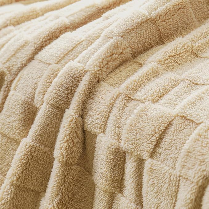 Exclusivo Mezcla Twin Size Flannel Fleece Blanket, Super Soft and Warm Lightweight Checkered Pattern Blankets for All Seasons, 60x80 Inches, Beige