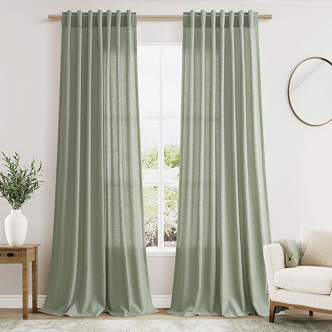 Nanspring Desert Sage Linen Curtains Semi Sheer 96 Inches Long 2 Panels Set for Living Room Back Tab Rod Pocket Light Filtering Drape for Bedroom Modern Farmhouse Coastal Decor Protect Privacy 52x96