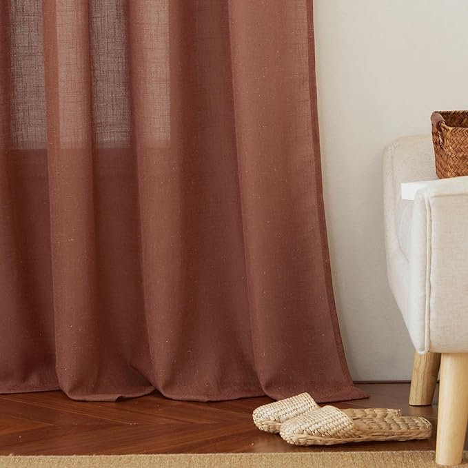 RYB HOME Faux Linen Curtains 102 inches Long, Elegant Textured Sheer Drapes Boho Window Decor for Balcony Living Room Dining Room, 52 Wide x 102 inches Long, Terracotta, 2 Pcs