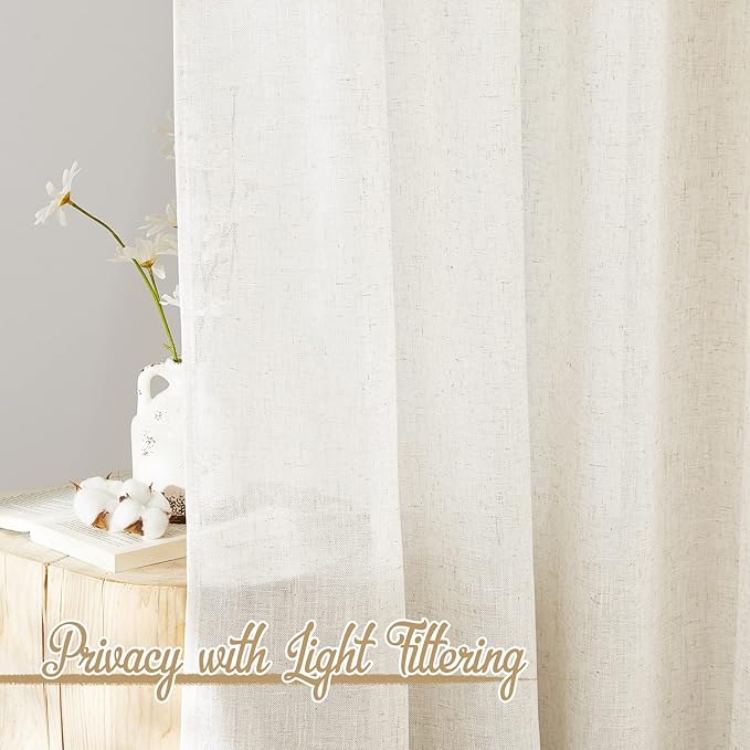 NICETOWN Extra Long Semi Sheer Linen Curtains for Living Room, Rod Pocket & Back Tab Privacy with Light Filtering Linen Weave Burlap Window Treatments for Bedroom, W52 x L144, 2 Panels