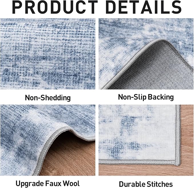 8x10 Area Rugs Washable Rug: Modern Abstract Living Room Rug Soft Anti-Skid Thin Carpet Indoor Floor Non-Shedding Carpets for Bedroom Dining Room Farmhouse Nursery Home Office Blue White