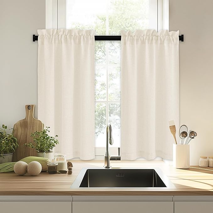 RYB HOME Bathroom Curtains Over Sink 36 inches Length, Linen Blend Semi Sheer Light Filtering Tiers for Camper Kithen Cafe, Small Curtains for Door Window, W 26 x L36, Beige, 2 Panels Set