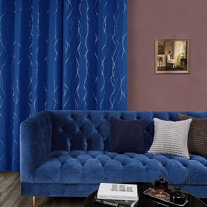 Deconovo Blackout Curtains, 42 x 108 Inch Long Drapes for Sliding Door, Wave Dot Silver Print, Soundproof Thermal Insulated Curtain for Bedroom Living Room, Set of 2, Machine Washable, Royal Blue