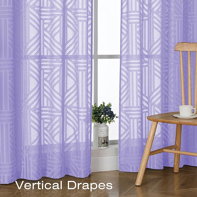Simplebrand Lavender Sheer Kitchen Curtains 36 Inch Length Tier Curtains 2 Panels, Light Filtering Geometric Jacquard Clip Textured Semi Sheer Short Window Curtains for Bathroom, 42x36 inch