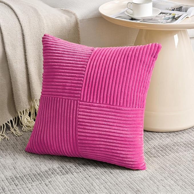 Fancy Homi 2 Packs Hot Pink Decorative Throw Pillow Covers 20x20 Inch for Living Room Couch Bed Sofa, Rustic Farmhouse Boho Home Decor, Soft Corss Corduroy Patchwork Accent Cushion Case 50x50 cm