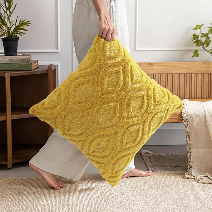 decorUhome Summer Throw Pillow Covers 22x22 Inch Set of 2, Soft Plush Faux Wool Mustard Yellow Solid Couch Pillow Covers, Accent Euro Sham Farmhouse Square Pillow Cases for Sofa Bed Living Room