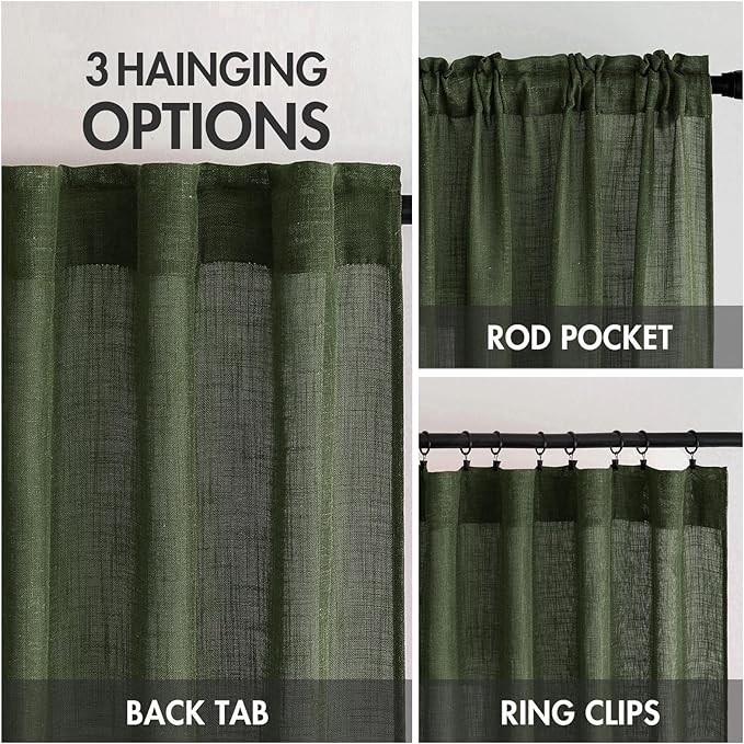 MIULEE Olive Green Linen Curtains 90 Inch Length 2 Panels for Bedroom Living Room, Soft Thick Linen Textured Window Drapes Semi Sheer Light Filtering Back Tab Rod Pocket Burlap Look Decor, W37xL90