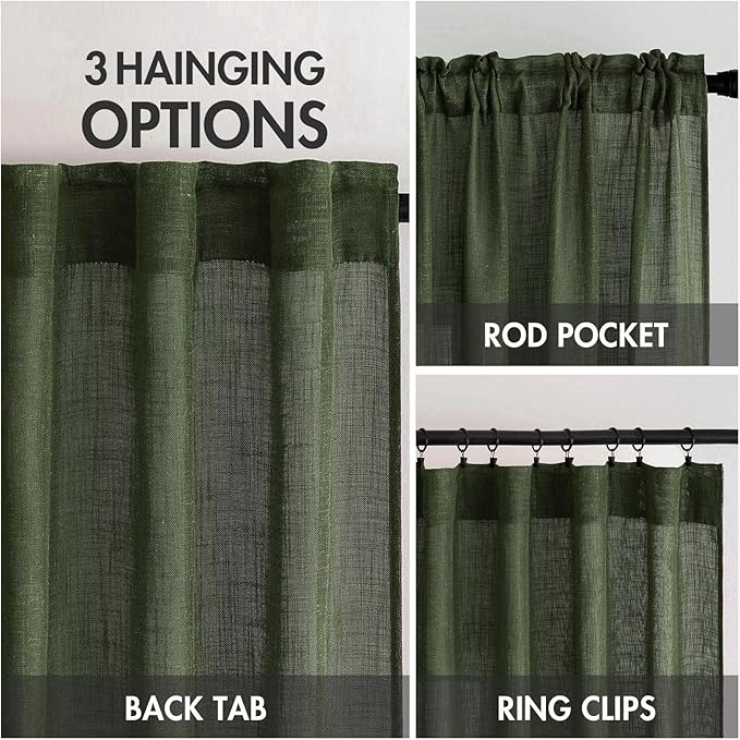 MIULEE Olive Green Linen Curtains 63 Inch Length 2 Panels for Bedroom Living Room, Soft Thick Linen Textured Natural Window Drapes Semi Sheer Light Filtering Back Tab Rod Pocket Burlap Look Decor
