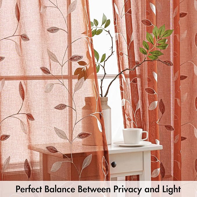 MIULEE Terracotta Sheer Curtains 2 Panels Embroidered Leaf Patterned burnt Orange Rod Pocket Floral Semi Faux Linen Short Fall Window Curtains Drapes Set for Kitchen Bathroom Cafe, 30x24 Inches Length