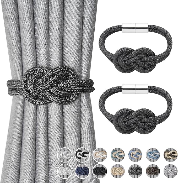NICEEC 2 Pack Mini Magnetic Curtain Tiebacks Nordic Simple Style Drape Tie Backs Elegant Hand Weave Rope Knot Decorative Curtain Holdbacks for Home & Office Thin Window Drapery (Dark Grey)