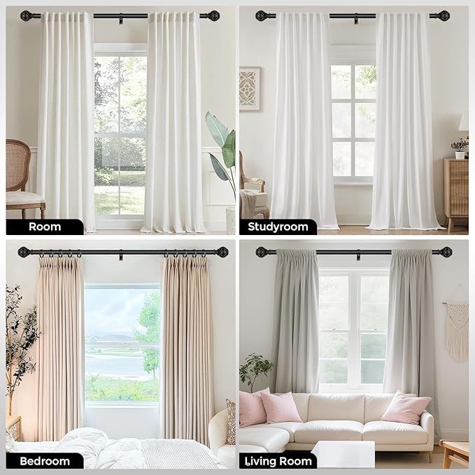 Black Curtain Rod, Heavy Duty 1 Inch Decorative Curtain Rods for Windows 30 to 56 Inch, Single-Side Adjustable Vintage Rustic Matte Black Drapery Pole Set with Boho Netted Texture Finials