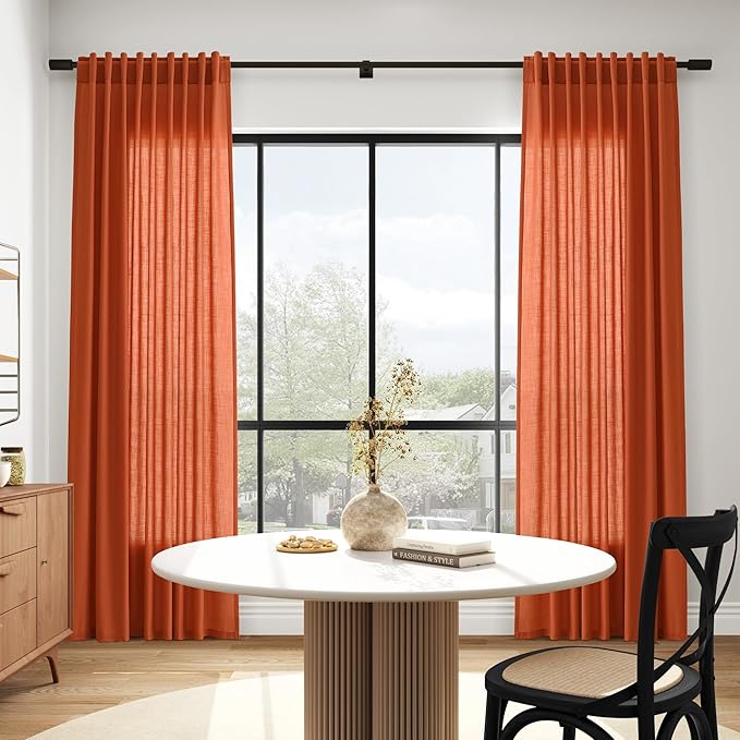 Bright Orange Linen Curtains 90 Inch Long 2 Panels Set for Bedroom Living Room, Soft Linen Textured Window Drapes Semi Sheer Light Filtering Rod Pocket Back Tab Morden Style 52x90