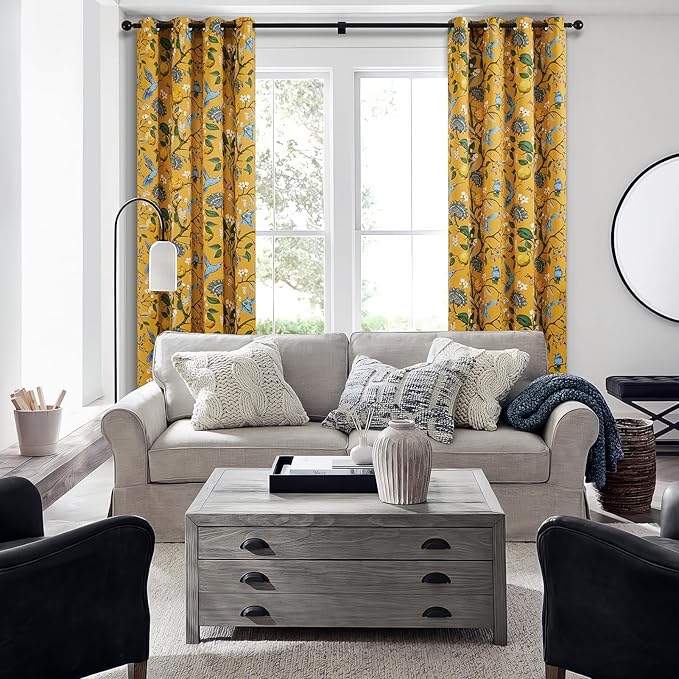 Topfinel Mustard Yellow Luxury Curtains 96 Inches Long for Living Room Bedroom, Blackout Vintage Art Deco Anthropologie Victorian Curtains Floral Lemon Hummingbird Printed Grommet Drape 96 Inch Length