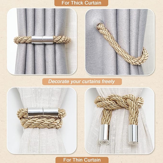 NICEEC 2 Pack Strong Magnetic Curtain Tiebacks Modern Simple Style Drape Tie Backs Convenient Decorative Weave Rope Curtain Holdbacks for Thin or Thick Home & Office Window Draperies (Bronze)