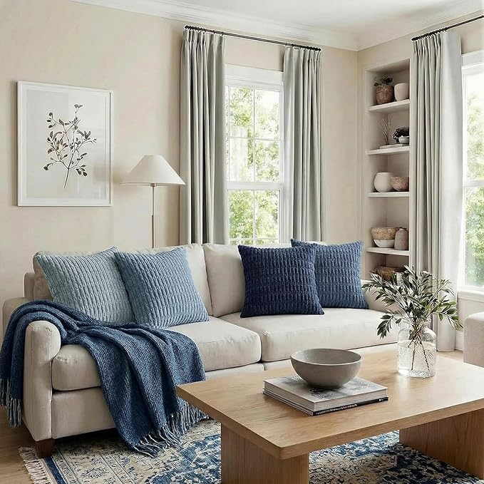 Fancy Homi Set of 4 Blue Decorative Throw Pillow Covers 14x14 Inch for Couch Bed Chair, Modern Farmhouse Boho Room Decor, Soft Fuzzy Corduroy Textured Striped Coastal Blue Cushion Case 35cm