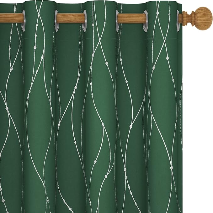 Deconovo Green Curtains, Christmas Blackout Drapes, Thermal Insulated Soundproof Drape, Wave Line Dot Foil Print, 52 x 95 Inch, 2 Panels, Machine‑Washable Window Panel for Living Room Kitchen Nursery