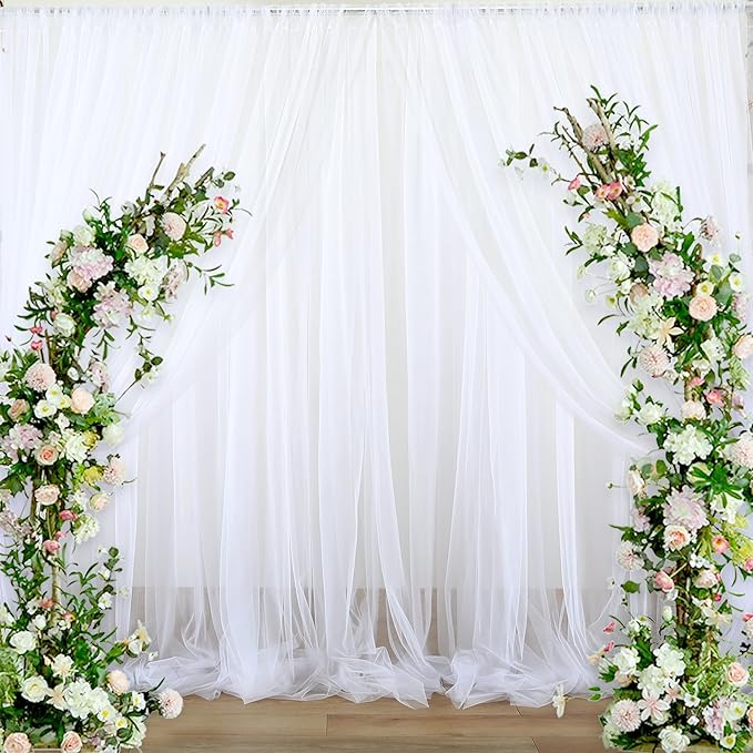20ft x 12ft White Tulle Backdrop Curtain for Parties Sheer Fabric Backdrop Curtains for Wedding Baby Shower Bridal Shower Birthday Photo Backdrop Drapes Background Wall Decorations 4 Panels 5ft x 12ft