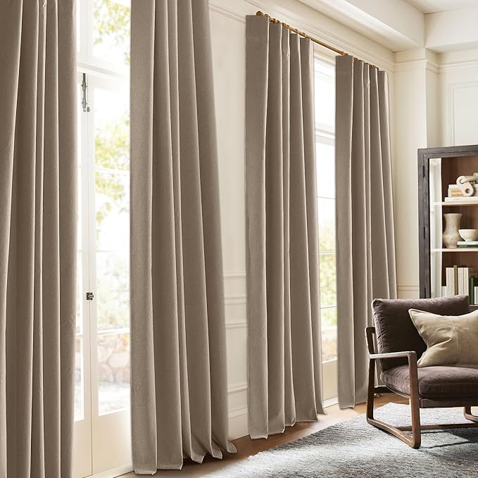 RYB HOME 100% Blackout Flax Linen Curtains, UV Protection Drapes for Bedroom, Rod Pocket & Back Tab UV Protection Drapes, Living Room & Villa Theater, Set of 2, W52 x L108, Mocha